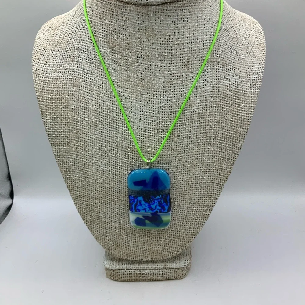 Murano Style Blue Fused Dichromic Glass Pendant Cord Necklace